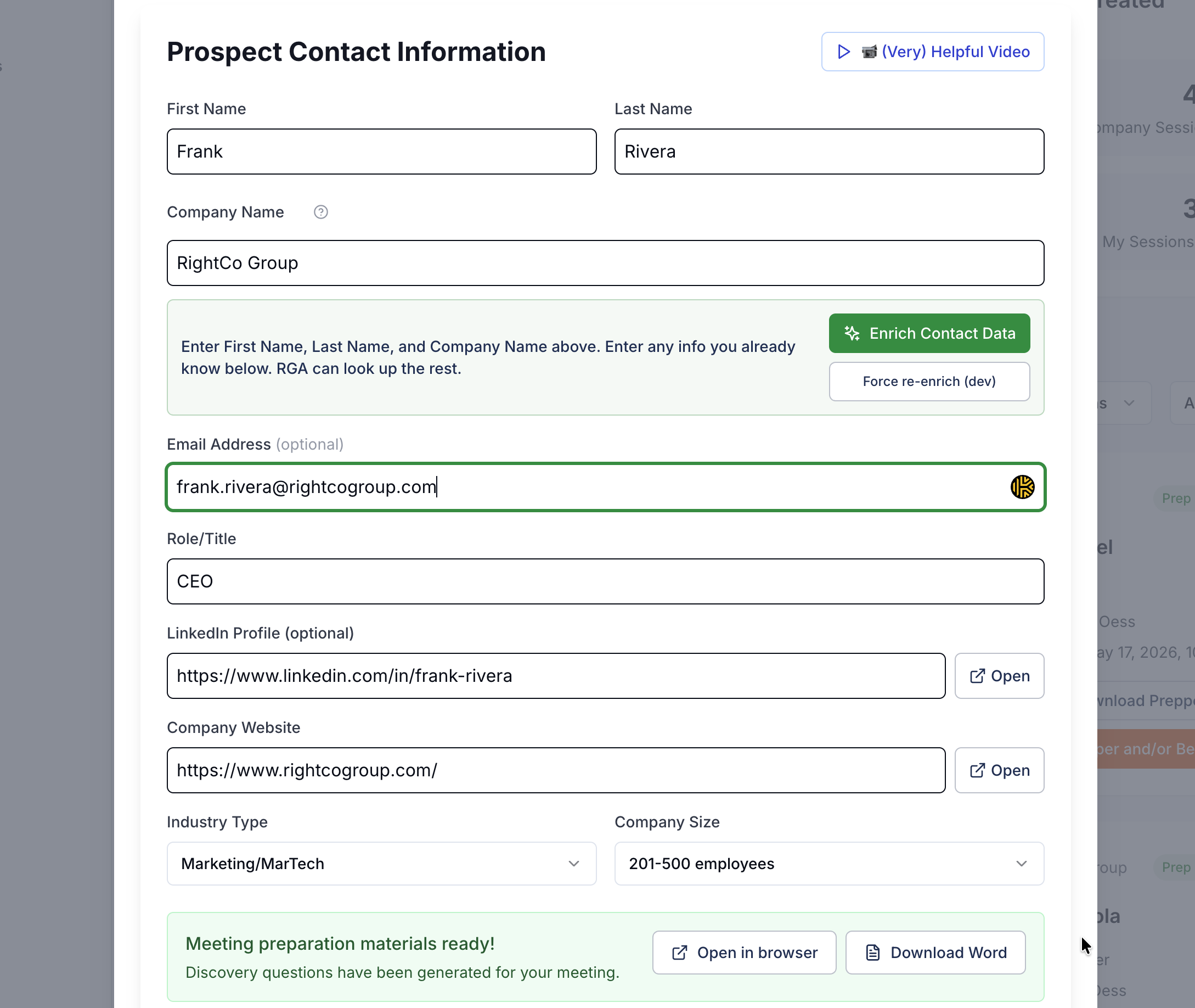 Meeting Prepper form auto-populated from a Salesforce record, with the Enrich Contact Data button and the completed prep ready to open in the browser or download as a Word document